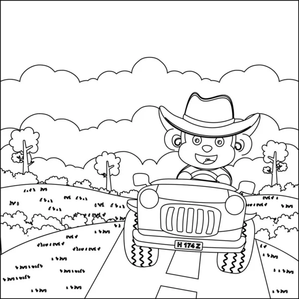 Tatlı maymun çizgi filmi güneşli bir günde araba sürerken eğleniyor. Çizgi film izole vektör çizimi, çocuk aktivite kitabı veya sayfa boyama için yaratıcı vektör tasarımı.