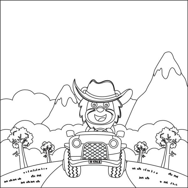 Tatlı aslan çizgi filmi güneşli bir günde araba sürerken eğleniyor. Çizgi film izole vektör çizimi, çocuk aktivite kitabı veya sayfa boyama için yaratıcı vektör tasarımı.