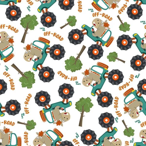 Hayvan sürücüsü olan canavar kamyonun kusursuz desenli taşıyıcısı. Kumaş tekstil, çocuk odası arka planı, bebek kıyafetleri, poster, ambalaj kağıdı ve diğer dekorasyonlar için yaratıcı vektör çocuksu arka plan.