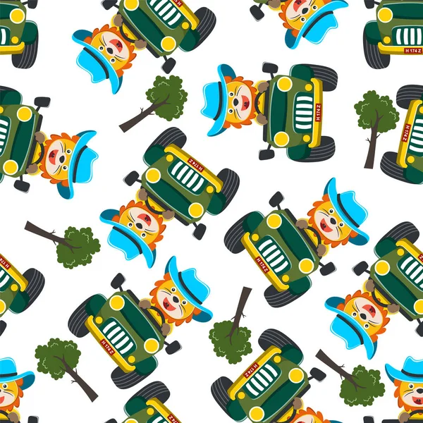 Güneşli bir günde araba sürerken eğlenen tatlı aslanın kusursuz deseni. Kumaş, tekstil, bebek odası kağıdı, tişört baskısı, çocuk giyimi ve diğer dekorasyonlar için yaratıcı vektör çocuksu arka plan.