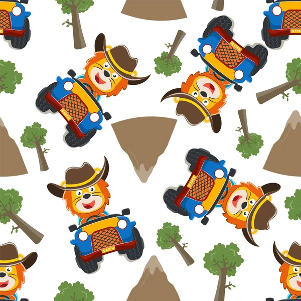 Güneşli bir günde araba sürerken eğlenen tatlı aslanın kusursuz deseni. Kumaş, tekstil, bebek odası kağıdı, tişört baskısı, çocuk giyimi ve diğer dekorasyonlar için yaratıcı vektör çocuksu arka plan.