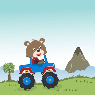 Komik hayvan sürücüsüyle canavar kamyonun vektör çizimi. Tişört baskısı için kullanılabilir, çocuklar moda tasarımı giyebilir, davetiye kartı takabilir. kumaş, tekstil, çocuk odası duvar kağıdı, poster ve diğer dekorasyonlar