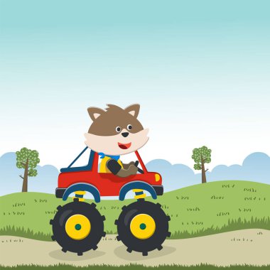 Komik hayvan sürücüsüyle canavar kamyonun vektör çizimi. Tişört baskısı için kullanılabilir, çocuklar moda tasarımı giyebilir, davetiye kartı takabilir. kumaş, tekstil, çocuk odası duvar kağıdı, poster ve diğer dekorasyonlar