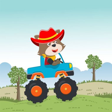 Komik hayvan sürücüsüyle canavar kamyonun vektör çizimi. Tişört baskısı için kullanılabilir, çocuklar moda tasarımı giyebilir, davetiye kartı takabilir. kumaş, tekstil, çocuk odası duvar kağıdı, poster ve diğer dekorasyonlar