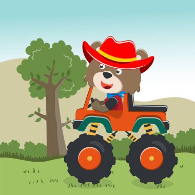 Komik hayvan sürücüsüyle canavar kamyonun vektör çizimi. Tişört baskısı için kullanılabilir, çocuklar moda tasarımı giyebilir, davetiye kartı takabilir. kumaş, tekstil, çocuk odası duvar kağıdı, poster ve diğer dekorasyonlar