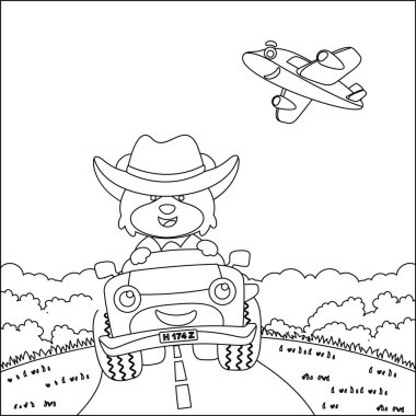 Küçük şirin tilki çizgi filmi güneşli bir günde off-road araba sürerken eğleniyor. Çizgi film izole vektör çizimi, çocuk aktivite kitabı veya sayfa boyama için yaratıcı vektör tasarımı.