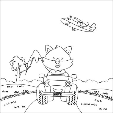 Küçük şirin tilki çizgi filmi güneşli bir günde off-road araba sürerken eğleniyor. Çizgi film izole vektör çizimi, çocuk aktivite kitabı veya sayfa boyama için yaratıcı vektör tasarımı.