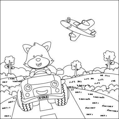 Küçük şirin tilki çizgi filmi güneşli bir günde off-road araba sürerken eğleniyor. Çizgi film izole vektör çizimi, çocuk aktivite kitabı veya sayfa boyama için yaratıcı vektör tasarımı.