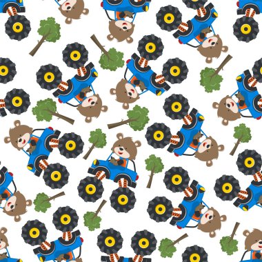 Hayvan sürücüsü olan canavar kamyonun kusursuz desenli taşıyıcısı. Kumaş tekstil, çocuk odası arka planı, bebek kıyafetleri, poster, ambalaj kağıdı ve diğer dekorasyonlar için yaratıcı vektör çocuksu arka plan.