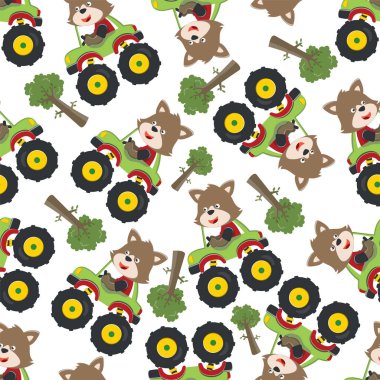 Hayvan sürücüsü olan canavar kamyonun kusursuz desenli taşıyıcısı. Kumaş tekstil, çocuk odası arka planı, bebek kıyafetleri, poster, ambalaj kağıdı ve diğer dekorasyonlar için yaratıcı vektör çocuksu arka plan.