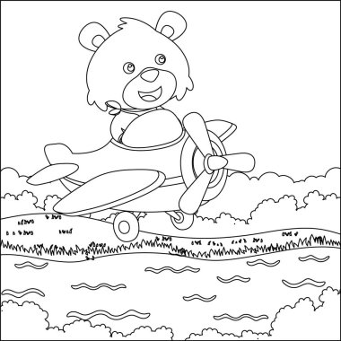 Uçakta uçan şirin küçük tilki, çizgi film el çizimi vektör çizimi. Çizgi film izole vektör çizimi, çocuk aktivite kitabı veya sayfa boyama için yaratıcı vektör tasarımı.