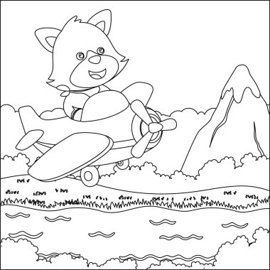 Uçakta uçan şirin küçük tilki, çizgi film el çizimi vektör çizimi. Çizgi film izole vektör çizimi, çocuk aktivite kitabı veya sayfa boyama için yaratıcı vektör tasarımı.