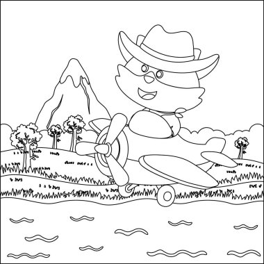 Uçakta uçan şirin küçük tilki, çizgi film el çizimi vektör çizimi. Çizgi film izole vektör çizimi, çocuk aktivite kitabı veya sayfa boyama için yaratıcı vektör tasarımı.