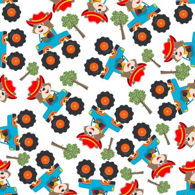 Hayvan sürücüsü olan canavar kamyonun kusursuz desenli taşıyıcısı. Kumaş tekstil, çocuk odası arka planı, bebek kıyafetleri, poster, ambalaj kağıdı ve diğer dekorasyonlar için yaratıcı vektör çocuksu arka plan.