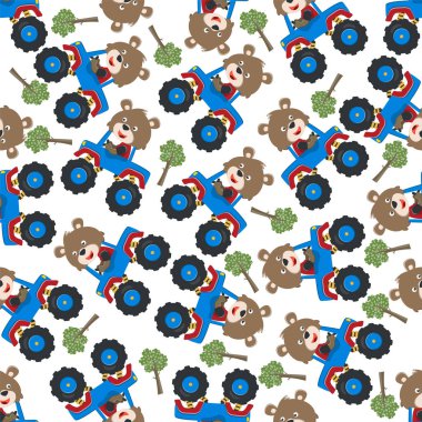 Hayvan sürücüsü olan canavar kamyonun kusursuz desenli taşıyıcısı. Kumaş tekstil, çocuk odası arka planı, bebek kıyafetleri, poster, ambalaj kağıdı ve diğer dekorasyonlar için yaratıcı vektör çocuksu arka plan.