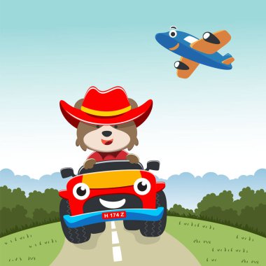 Ormana giden bir kamyondaki şirin tilki tasviri tişört, çocuk giysisi, davetiye kartı gibi şeylerde kullanılabilir. kumaş, tekstil, çocuk odası duvar kağıdı, poster ve diğer dekorasyonlar.