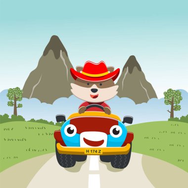 Ormana giden bir kamyondaki şirin tilki tasviri tişört, çocuk giysisi, davetiye kartı gibi şeylerde kullanılabilir. kumaş, tekstil, çocuk odası duvar kağıdı, poster ve diğer dekorasyonlar.