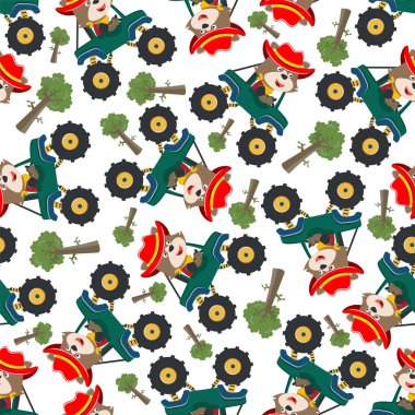 Hayvan sürücüsü olan canavar kamyonun kusursuz desenli taşıyıcısı. Kumaş tekstil, çocuk odası arka planı, bebek kıyafetleri, poster, ambalaj kağıdı ve diğer dekorasyonlar için yaratıcı vektör çocuksu arka plan.