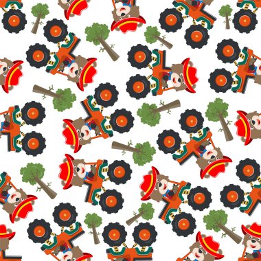 Hayvan sürücüsü olan canavar kamyonun kusursuz desenli taşıyıcısı. Kumaş tekstil, çocuk odası arka planı, bebek kıyafetleri, poster, ambalaj kağıdı ve diğer dekorasyonlar için yaratıcı vektör çocuksu arka plan.
