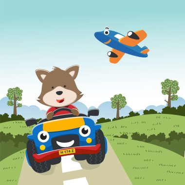 Ormana giden bir kamyondaki şirin tilki tasviri tişört, çocuk giysisi, davetiye kartı gibi şeylerde kullanılabilir. kumaş, tekstil, çocuk odası duvar kağıdı, poster ve diğer dekorasyonlar.