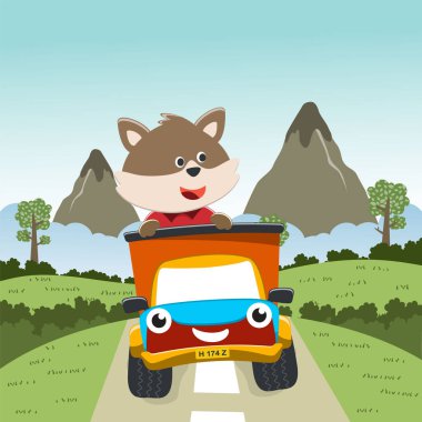 Ormana giden bir kamyondaki şirin tilki tasviri tişört, çocuk giysisi, davetiye kartı gibi şeylerde kullanılabilir. kumaş, tekstil, çocuk odası duvar kağıdı, poster ve diğer dekorasyonlar.