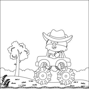 Şirin bir hayvan sürücüsü olan canavar kamyonun vektör çizimi. Çizgi film izole vektör çizimi, çocuk aktivite kitabı veya sayfa boyama için yaratıcı vektör tasarımı.