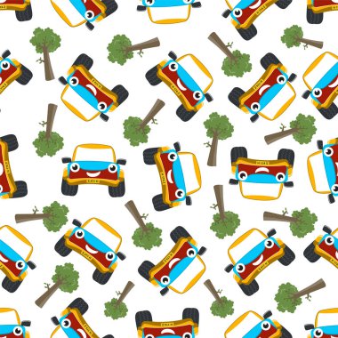Sevimli, küçük bir off-road aracının kusursuz desenli vektörü. Kumaş tekstil, çocuk odası arka planı, bebek kıyafetleri, poster, ambalaj kağıdı ve diğer dekorasyonlar için yaratıcı vektör çocuksu arka plan.