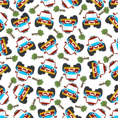 Sevimli, küçük bir off-road aracının kusursuz desenli vektörü. Kumaş tekstil, çocuk odası arka planı, bebek kıyafetleri, poster, ambalaj kağıdı ve diğer dekorasyonlar için yaratıcı vektör çocuksu arka plan.