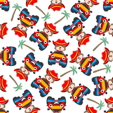 Şirin, küçük bir tilki sürücüsü canavar kamyonun kusursuz desenli taşıyıcısı. Kumaş tekstil, çocuk odası arka planı, bebek kıyafetleri, poster, ambalaj kağıdı ve diğer dekorasyonlar için yaratıcı vektör çocuksu arka plan.