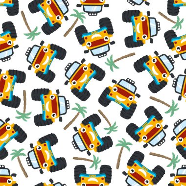 Şirin canavar kamyonun kusursuz desenli taşıyıcısı. Kumaş tekstil, çocuk odası arka planı, bebek kıyafetleri, poster, ambalaj kağıdı ve diğer dekorasyonlar için yaratıcı vektör çocuksu arka plan.