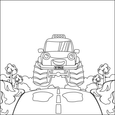 Çizgi film tarzında canavar kamyonun vektör çizimi. Çizgi film izole vektör çizimi, çocuk aktivite kitabı veya sayfa boyama için yaratıcı vektör tasarımı.