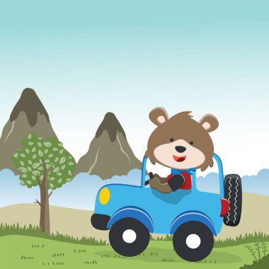 Araba süren şirin küçük tilki orman komik hayvan çizgi filmine gidiyor. Kumaş, tekstil, bebek odası duvar kâğıdı, poster, kart, broşür için yaratıcı çocuksu bir geçmiş. ve diğer dekorasyon.