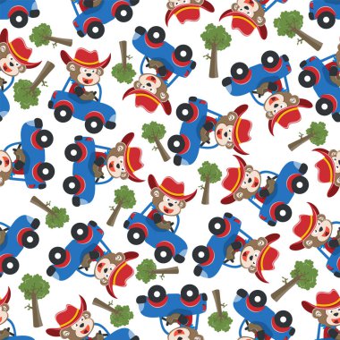 Araba süren şirin tilkinin kusursuz deseni orman komik hayvan çizgi filmine, vektör illüstrasyonuna gidiyor. Vektör çizimi. Çocuklar için T-Shirt Tasarımı. Çocuklar için tasarım ögeleri.