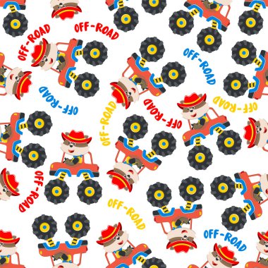 Hayvan sürücüsü olan canavar kamyonun kusursuz desenli taşıyıcısı. Kumaş tekstil, çocuk odası arka planı, bebek kıyafetleri, poster, ambalaj kağıdı ve diğer dekorasyonlar için yaratıcı vektör çocuksu arka plan.