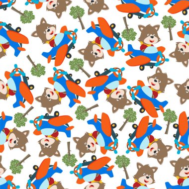Uçakta uçan şirin tilkinin kusursuz deseni. Komik hayvan çizgi filmi. Kumaş tekstil, bebek odası duvar kâğıdı, poster, broşür için yaratıcı vektör çocuksu arka plan. ve diğer dekorasyon.