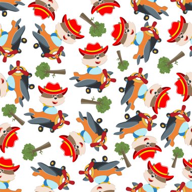 Uçakta uçan şirin tilkinin kusursuz deseni. Komik hayvan çizgi filmi. Kumaş tekstil, bebek odası duvar kâğıdı, poster, broşür için yaratıcı vektör çocuksu arka plan. ve diğer dekorasyon.