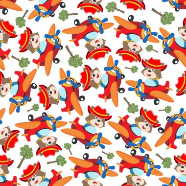 Uçakta uçan şirin tilkinin kusursuz deseni. Komik hayvan çizgi filmi. Kumaş tekstil, bebek odası duvar kâğıdı, poster, broşür için yaratıcı vektör çocuksu arka plan. ve diğer dekorasyon.