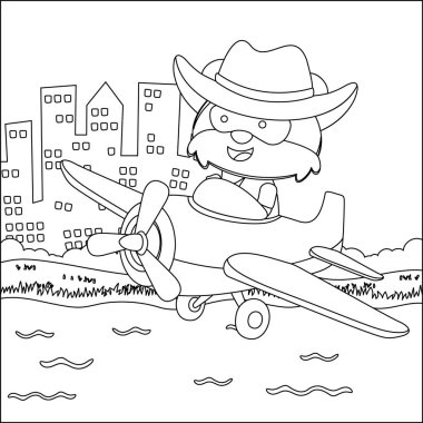 Uçakta uçan şirin küçük tilki, çizgi film el çizimi vektör çizimi. Çizgi film izole vektör çizimi, çocuk aktivite kitabı veya sayfa boyama için yaratıcı vektör tasarımı.