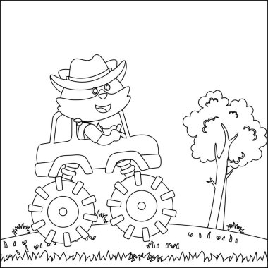 Şirin bir hayvan sürücüsü olan canavar kamyonun vektör çizimi. Çizgi film izole vektör çizimi, çocuk aktivite kitabı veya sayfa boyama için yaratıcı vektör tasarımı.