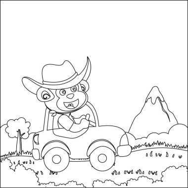 Araba süren sevimli küçük maymun orman komik hayvan çizgi filmine gidiyor, çizgi çizen el çizimi çizimi çizen çocuk grafikleri Yetişkin ve Çocuk Boyama Kitabı için çizim yapıyor..