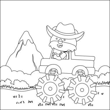 Şirin bir hayvan sürücüsü olan canavar kamyonun vektör çizimi. Çizgi film izole vektör çizimi, çocuk aktivite kitabı veya sayfa boyama için yaratıcı vektör tasarımı.