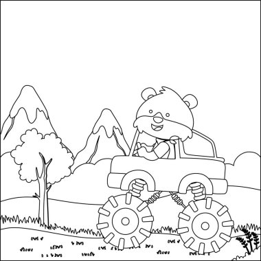 Şirin bir hayvan sürücüsü olan canavar kamyonun vektör çizimi. Çizgi film izole vektör çizimi, çocuk aktivite kitabı veya sayfa boyama için yaratıcı vektör tasarımı.