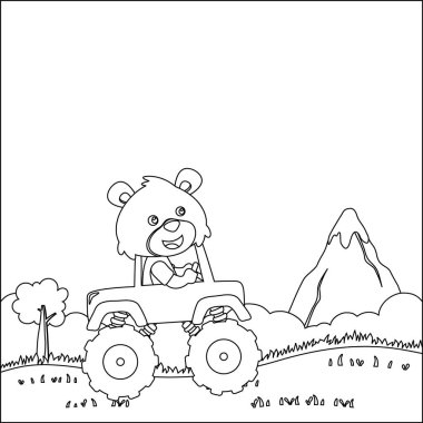 Şirin bir hayvan sürücüsü olan canavar kamyonun vektör çizimi. Çizgi film izole vektör çizimi, çocuk aktivite kitabı veya sayfa boyama için yaratıcı vektör tasarımı.