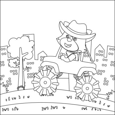 Şirin bir hayvan sürücüsü olan canavar kamyonun vektör çizimi. Çizgi film izole vektör çizimi, çocuk aktivite kitabı veya sayfa boyama için yaratıcı vektör tasarımı.