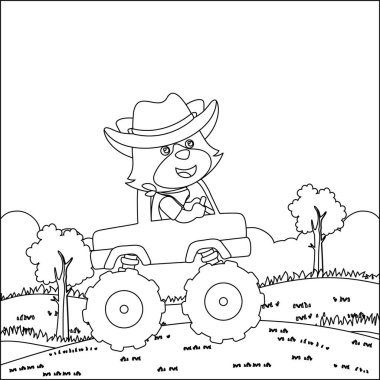 Şirin bir hayvan sürücüsü olan canavar kamyonun vektör çizimi. Çizgi film izole vektör çizimi, çocuk aktivite kitabı veya sayfa boyama için yaratıcı vektör tasarımı.