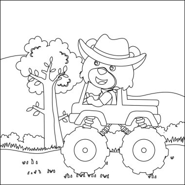 Şirin bir hayvan sürücüsü olan canavar kamyonun vektör çizimi. Çizgi film izole vektör çizimi, çocuk aktivite kitabı veya sayfa boyama için yaratıcı vektör tasarımı.