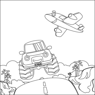 Çizgi film tarzında canavar kamyonun vektör çizimi. Çizgi film izole vektör çizimi, çocuk aktivite kitabı veya sayfa boyama için yaratıcı vektör tasarımı.