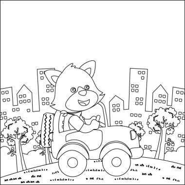 Tatlı tilki araba sürüyor, komik hayvan çizgi filmlerine gidiyor çizgi çizen el çizimi, yetişkin ve çocuk boyama kitabı için çizim çizimi yapan çocuklar grafikleri çiziyor..