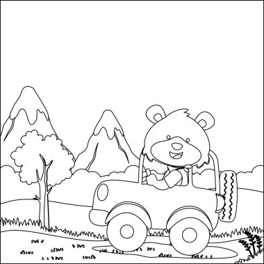 Tatlı tilki araba sürüyor, komik hayvan çizgi filmlerine gidiyor çizgi çizen el çizimi, yetişkin ve çocuk boyama kitabı için çizim çizimi yapan çocuklar grafikleri çiziyor..