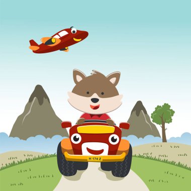 Şirin tilki çizgi filmi güneşli bir günde şirin bir off-road arabası sürerken eğleniyor. Kumaş tekstil, çocuk odası duvar kâğıdı, kart, poster ve diğer dekorasyonlar için çocuksu bir geçmiş. Vektör illüstrasyonu.